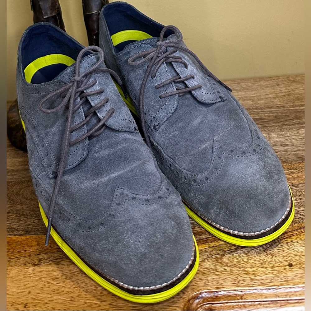 Cole Haan Grand OS “LunarGrand” Grey Suede Wingtip Athletic Yellow Sole Size 9.5